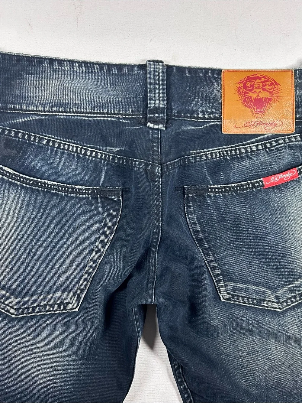 Ed Hardy Tiger Embroidery Jeans 38x32 Distressed Y2K Denim Pants Baggy Bedazzled